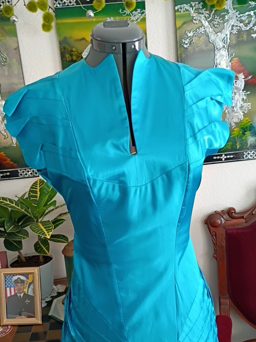 Amin Phillips 100% Silk Blue Teal Dress Size Extra Small - Picture 2 of 7